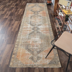 3x10 Vintage Turkish Runner, Oushak Handmade Wool Rug, Faded Orange Distressed Hallway Rugs, Anatolian, Farmhouse Decor One-of-a-Kind