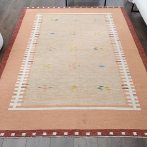 6x7 HERITAGE NEUTRAL TURKISH Rug, Oushak Handmade Wool Rug, Bordered Pink Home Decor, Ethnic Carpet, One-of-a-Kind, Made in Turkey, Area Rug