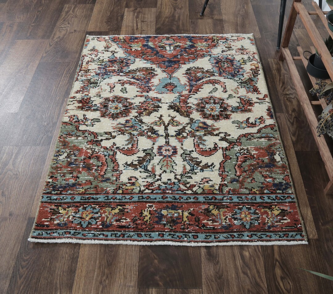 3x3 Turkish Vintage Oushak Rug, Door Mat Small Carpet, Handmade Wool ...