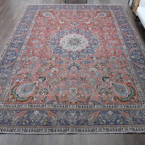 10x13 Oversize Vintage Area Rug, Turkish Rug, Red Blue, Large Rug, 10x13 Oversized Oriental Rug, Handmade Wool Rug, Bohemian Rug, Handwoven