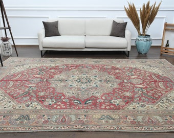 8.6x11.4 ft, Pink Beige Green Unique Large Area Rug, Vintage Oversize Rug, Oriental Rug, Handmade Wool Rug, One-of-a-kind, Living Room Rug