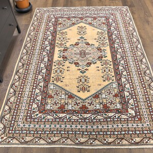 Tappeto vintage turco 5x7, tappeto in lana fatto a mano Oushak, tappeti TASPINAR arancioni per piccole aree, arredamento rustico, pezzo unico, Anatolia, arredamento boho