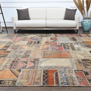 May include: A patchwork rug with a variety of colors and patterns, including red, orange, brown, and blue. The rug is made up of different pieces of fabric that have been sewn together.