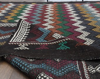 60×104 \"zig-zag” ViNTAGE TURKiSH RUG 7x10 ZIGZAG Vintage Turkish KILIM Area Rug, Oushak Handmade