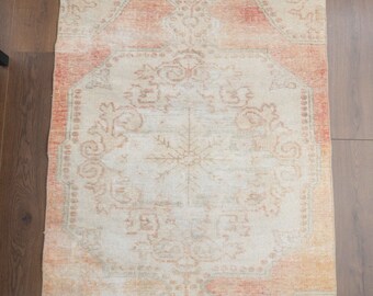 3'2x7'2 ft, ANTIQUE TURKISH RUG, Area Rug, Oushak Handmade Wool Rug, Orange Faded Rugs, Farmhouse Decor, One-of-a-Kind, Anatolian Ethnic Rug
