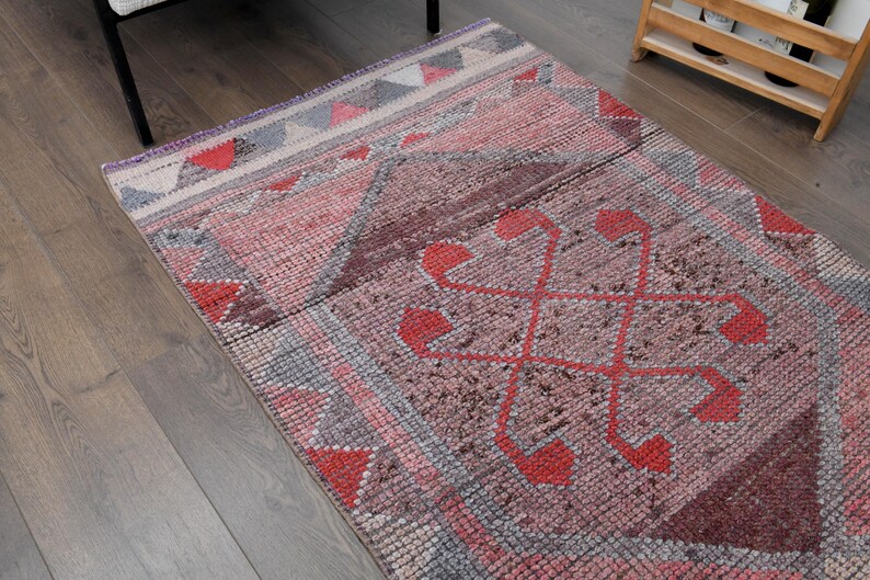 3x11 Ft, PINK Vintage Turkish Runner, Oushak Runner, Handmade Wool Rug
