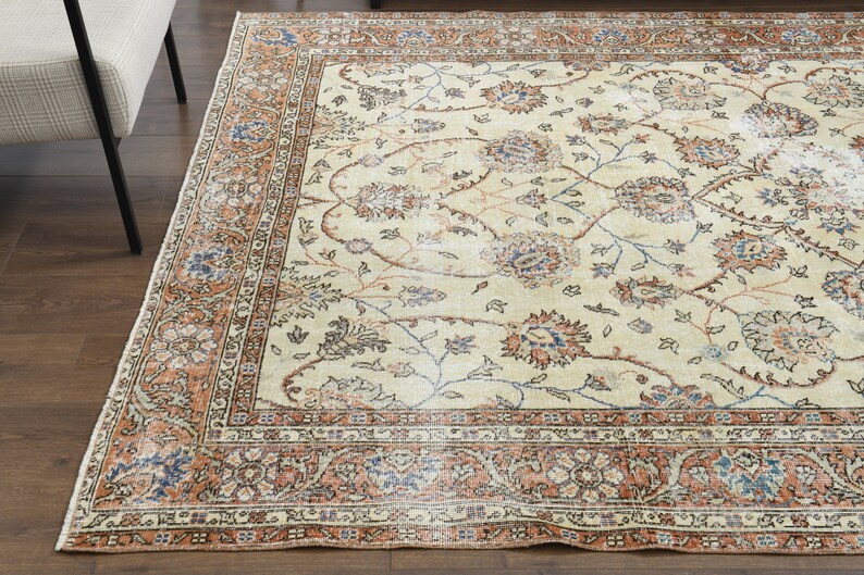 7x9 Vintage Turkish Area Rug, Oushak Handmade Wool Rug, Beige Floral