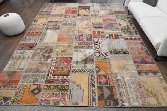 9x12 Patchwork Turkish Vintage Rug, 9x12 Oushak Rug, Handmade Wool Large Area Rug, Boho Decor, One-of-a-Kind Living Room Rug, Home Decor