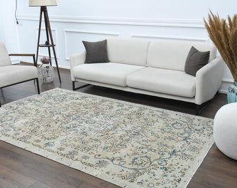 5'5x8'6フィート、ベージュブルー、トルコ製ヴィンテージ大型