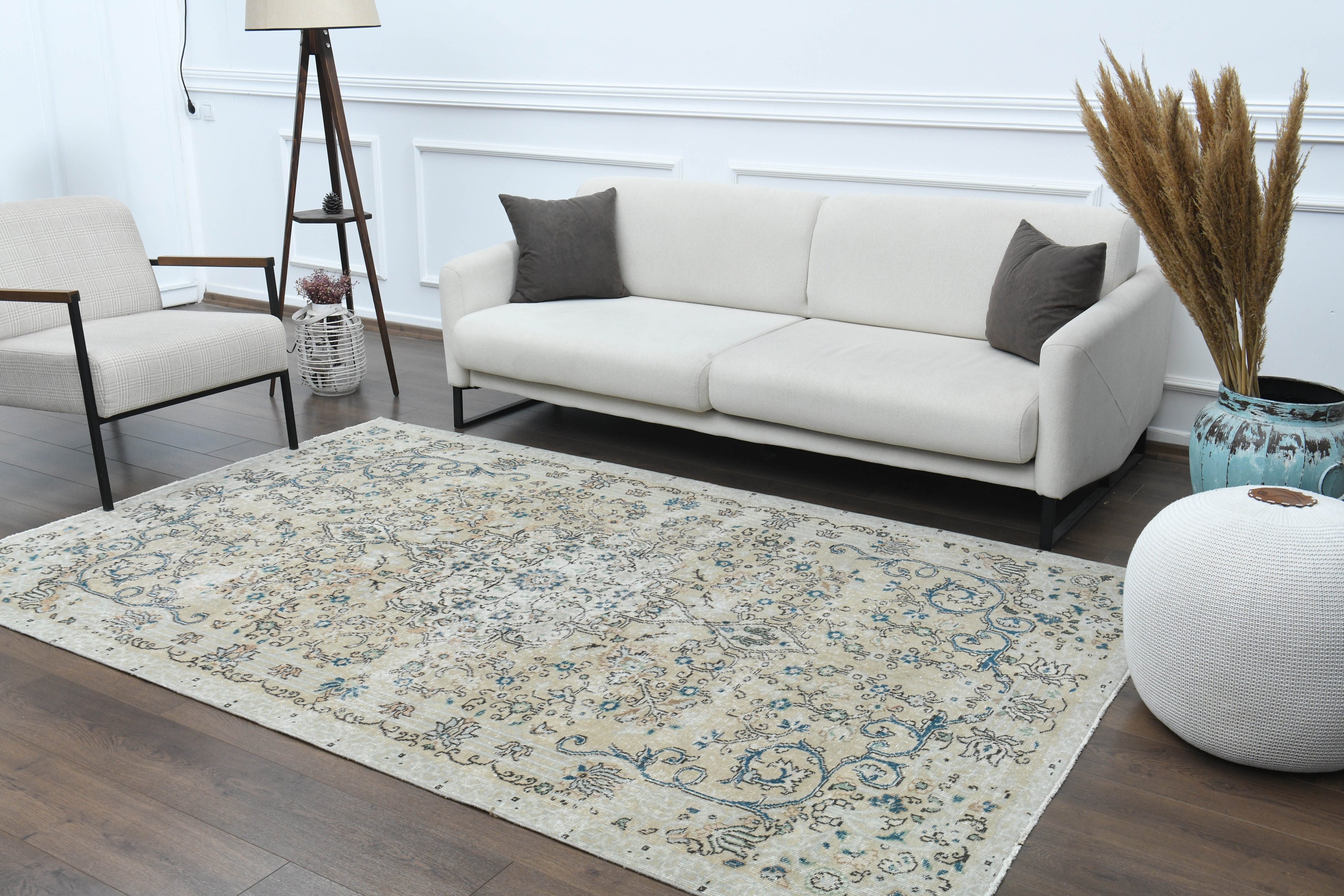 5'5x8'6フィート、ベージュブルー、トルコ製ヴィンテージ大型