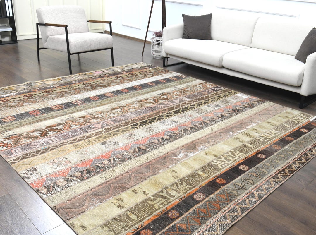 8x9 Rug 8x9 Ft, PATCHWORK Turkish Vintage Oushak Rug, Handmade Wool Rug, Multi ...