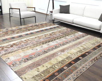 8 x 9 ft, PATCHWORK Türkischer Vintage Oushak Teppich, Handgefertigter Wollteppich, Mehrfarbiger Teppich, Teppich für Wohnzimmer, Bunter Teppich
