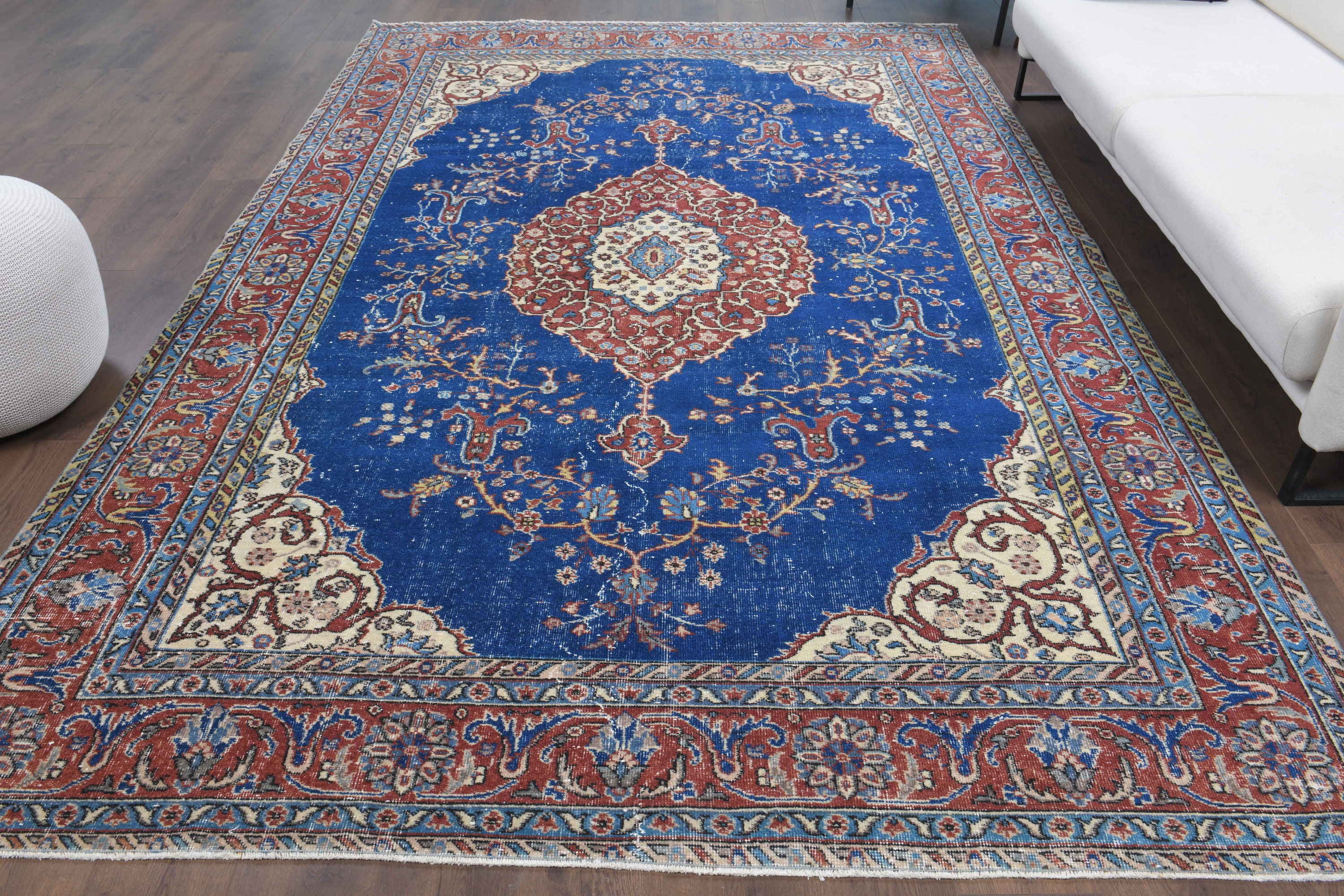 7'4x11'4 Ft, VINTAGE TURKISH RUG, Oushak Handmade Wool Rug, Blue