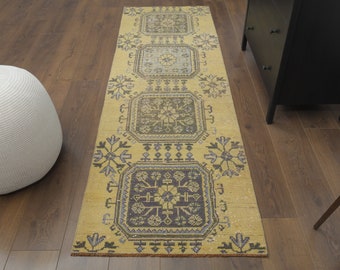2x8 Turkish Vintage Rug, Oushak Handmade Wool Rug, Floral Yellow Rustic Hallway Rugs, Farmhouse Decor, One-of-a-Kind, Anatolia, FOLK ART