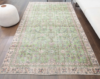 5x9 Vintage Rug, Oushak Rug, Turkish Rug, Handmade Wool Rug, Area Rugs, Farmhouse Decor, One-of-a-Kind, Anatolian, Green Floral Carpet