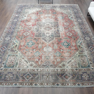 10x13 Oversized Vintage Area Rug, Turkish Oriental Rug, Red Blue, Large Oversize Oriental Rug, Handmade Wool Rug, Bohemian Rug, 9.6x12.7 ft