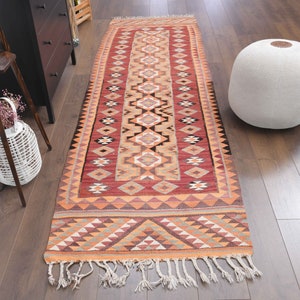 3x9 Vintage Turkish Oushak Kilim Runner, Handmade Wool Carpet, Orange Kitchen Hallway Rug, Farmhouse Decor, One-of-a-Kind, Flatweave Rug
