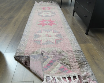 2'7x10'5 ft, STAIR DECOR RUNNER, Vintage Turkish Rug, Oushak Runner, Pink Beige Runner, Wool Rug, Stair Ethnic Hallway Rugs, Farmhouse Decor