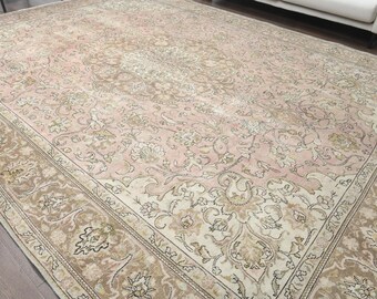 10x13 Vintage Area Rug, Turkish Rug, Faded Pink Rug, Oversized Large Rug, Oversize Oriental Rug, Handmade Wool Rug, Bohemian, Medallion Rug