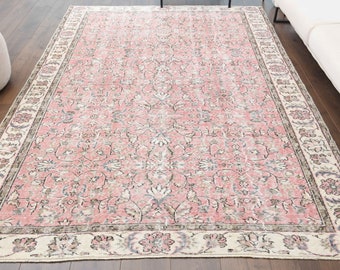 6x9 Turkish Vintage Rug, Pink FLORAL, Area Rug, Oushak Rug, Low Pile, Handmade Wool Carpet, Farmhouse Decor, One-of-a-Kind, Made in Anatolia