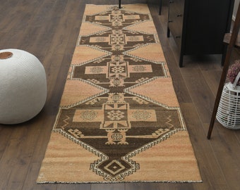 2'9x12'6 ft、オレンジブラウン、ウシャックランナー、トルコ製