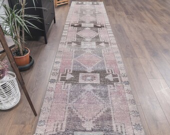 3x13 Oushak Handmade Wool Rug, Turkish Vintage Rugs, Purple Hallway Runner, Farmhouse Decor, One-of-a-Kind, Anatolian, Geometric, Carpet