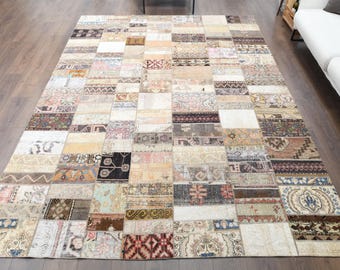 Türkischer Vintage-Patchworkteppich (244 x 305 cm), handgeknüpfter Oushak-Wollteppich, Boho-Stil, Beige-Braun, Landhausstil, Unikat, Anatolischer Teppich
