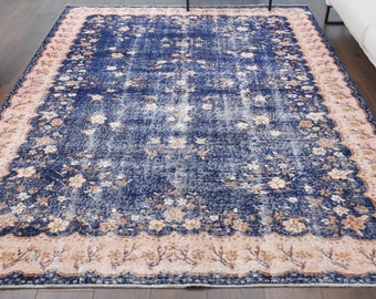 7x9 Vintage Turkish Carpet, Oushak Handmade Wool Rug, Bordered Floral Area Rugs, Anatolia, Boho Decor, Farmhouse Decor One-of-a-Kind