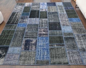 200x250 Blaue Farbtöne, PATCHWORK VINTAGE TEPPICH, Türkischer Oushak Handgefertigter Wollteppich, Übergroßer Raumteppich, Bauernhaus Dekor