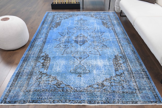 6x8 Turkish Vintage Night Blue Colored Carpet, Handmade Wool Rug