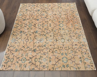 4x5 Vintage Turkish Rug, Oushak Handmade Wool Rug, Orange Accent Rugs, Floral Rug, Rustic Farmhouse Decor, One-of-a-Kind, Made in Anatolia