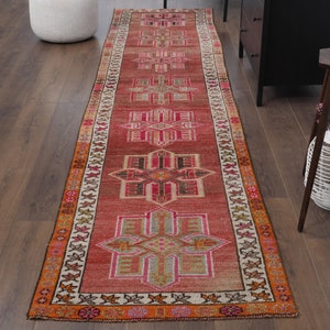 3x13 Roter Vintage türkischer Oushak Läufer, Handgeknüpfter Wollteppich, Küchenteppich, Unikat, Anatolisch, Boho Dekor, Handgewebte Teppiche