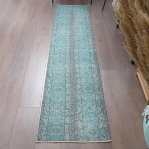 1.8x8.4 Vintage Anatolian Rug, Distressed Muted Teal Turquoise Accent Rug, Handwoven Narrow Hallway Runner, Rustic Bedside Rug