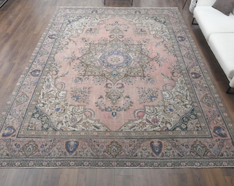 10x12 Oversized Vintage Area Rug, Turkish Rug, Pink White, Large Rug, Oversize Oriental Rug, Handmade Wool Rug, Bohemian, Handwoven 9.8x12.4