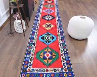 3x14 RED Vintage Turkish Oushak Runner, Hand-Knotted Wool Carpet, Kitchen Hallway Rug, One-of-a-Kind, Anatolian, Boho Decor, Shabby Chic