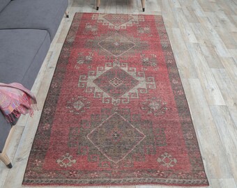 4x8 Turkish Vintage Rug, Oushak Handmade Wool Carpet, Geometric Red Rustic Small Room Rugs, Farmhouse Decor, One-of-a-Kind, Anatolia