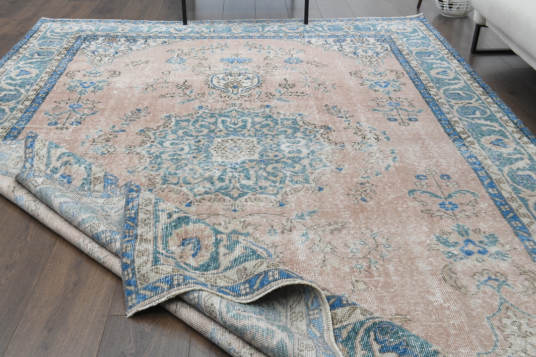 7x10'4 Ft, PINK BLUE RUG, Vintage Turkish Oushak Rug, 7x10