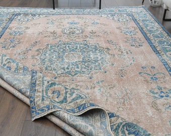 7x10'4 Ft, PINK BLUE RUG, Vintage Turkish Oushak Rug, 7x10