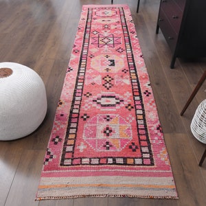 2&#39;6x11 ft, PINK TURKISH RUNNER, Oushak Wool Rug, Boho Chic, Hallway Rug, Kitchen Rug, 3x11 Runner, Washable Rug, Vintage Runner, Handmade