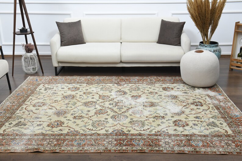 7x9 Vintage Turkish Area Rug, Oushak Handmade Wool Rug, Beige Floral