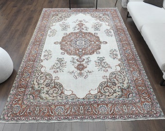 6x10 White Oriental Area Rug, Turkish Oushak Rug, Handmade Wool Rug, Vintage Area Rugs, Farmhouse Decor, Rug for Living Room, Ethnic Carpet