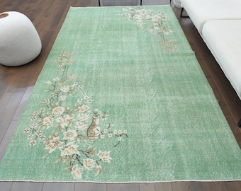 5x9 Turkish Vintage Area Rug, Oushak Rug, Handmade Wool Rug, Boho Decor Rug, Farmhouse Decor, One-of-a-Kind, Anatolian, Green Floral Rug
