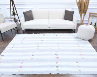 6x8 Vintage Turkish KILIM Area Rug, Oushak Handmade Wool WHITE Carpet, Flatweave Rugs, Farmhouse Decor, One-of-a-Kind, Bohemian, Anatolia