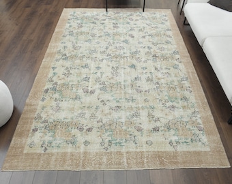 6x10 Turkish Vintage Rug, Oushak Handmade Wool Carpet, Floral Oriental Area Rugs Farmhouse Decor, Rug for Living Room, Beige Brown, Soft Rug