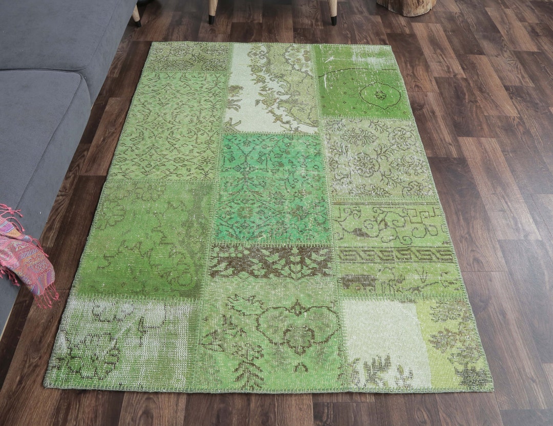 4x6 PATCHWORK Turkish Vintage Rug, Oushak Handmade Wool Rug, Green