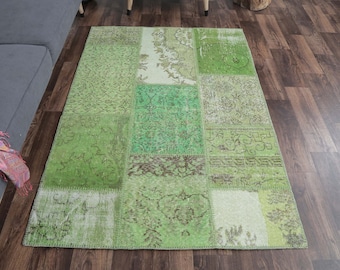4x6 PATCHWORK Turkish Vintage Rug, Oushak Handmade Wool Rug, Green