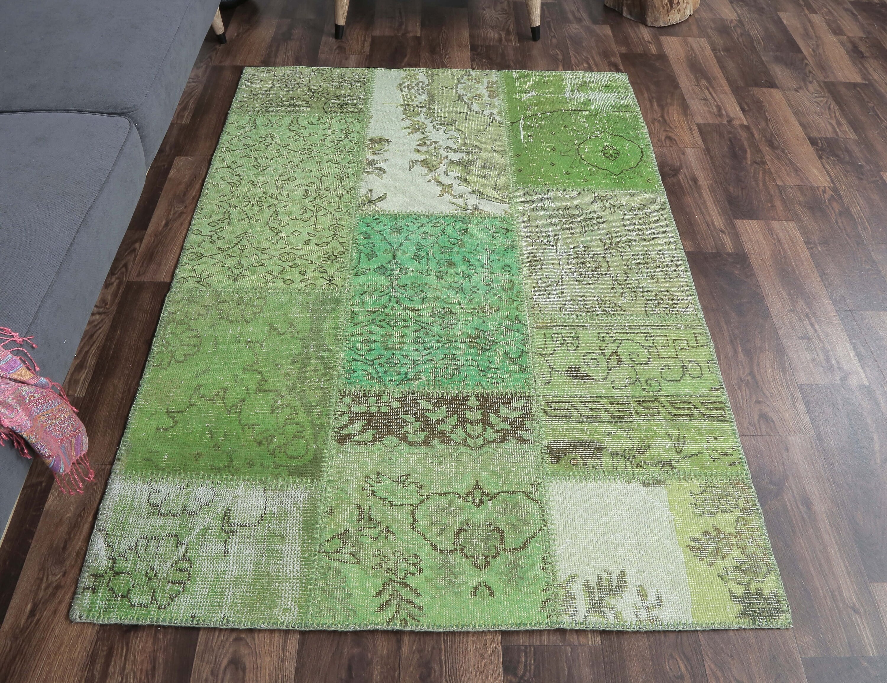 4x6 PATCHWORK Turkish Vintage Rug, Oushak Handmade Wool Rug, Green