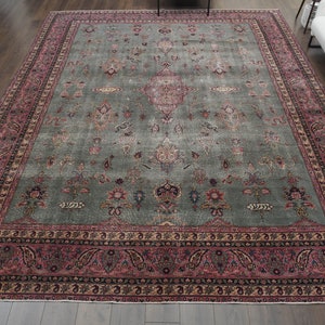 10 x 13 extra groot vintage tapijt, Turks tapijt, rozegrijs, groot tapijt, 11 x 13 oversized oosters tapijt, handgemaakt wollen tapijt, boho-tapijt, handgeweven
