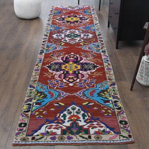 3x12 Maroon Vintage Turkish Runner, Oushak Handmade Wool Rug, Oriental Hallway Rugs, Rustic Farmhouse Decor, One-of-a-Kind, Made in Anatolia