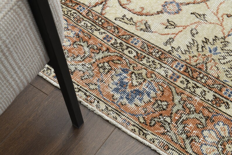 7x9 Vintage Turkish Area Rug, Oushak Handmade Wool Rug, Beige Floral